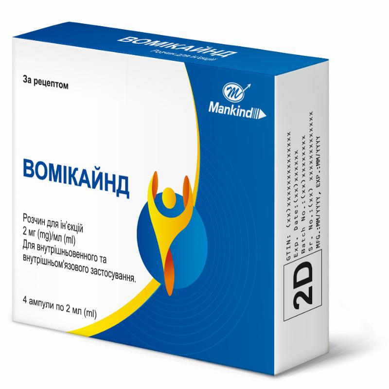 ВОМІКАЙНД розчин для ін’єкцій, 2 мг/мл, по 2 мл в ампулі; по 4 ампули в пластиковому блістері, по 1 блістеру в картонній упаковці